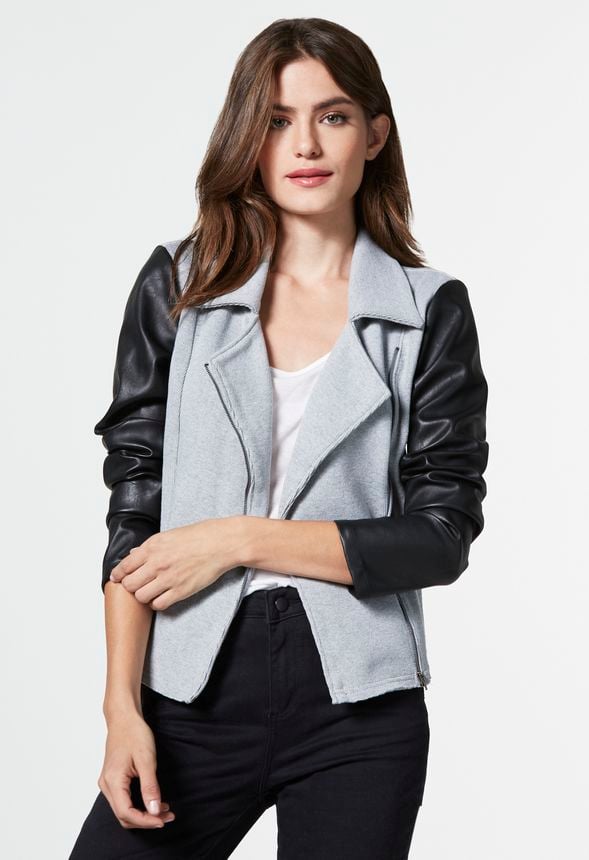 Faux Leather Sleeve Jacket in Gray - Get great deals at JustFab