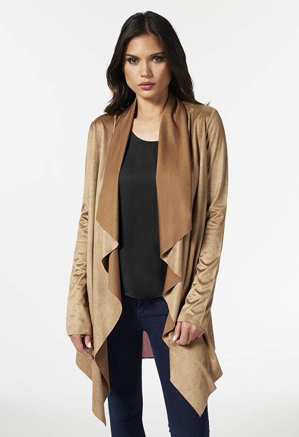 Faux Suede Drape Front Jacket in Cognac - Get great deals at JustFab