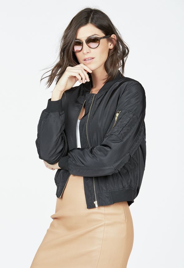 Nylon Bomber Jacket in Black Get great deals at JustFab