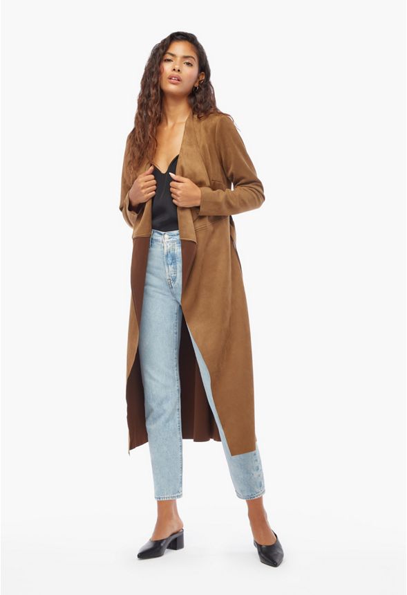 Faux Suede Drape Coat Plus Size in Brown - Get great deals at JustFab