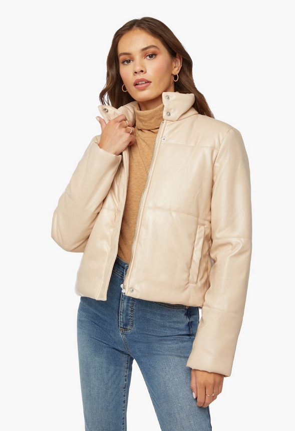 Faux Leather Puffer Jacket Clothing in Beige - Get great deals at JustFab