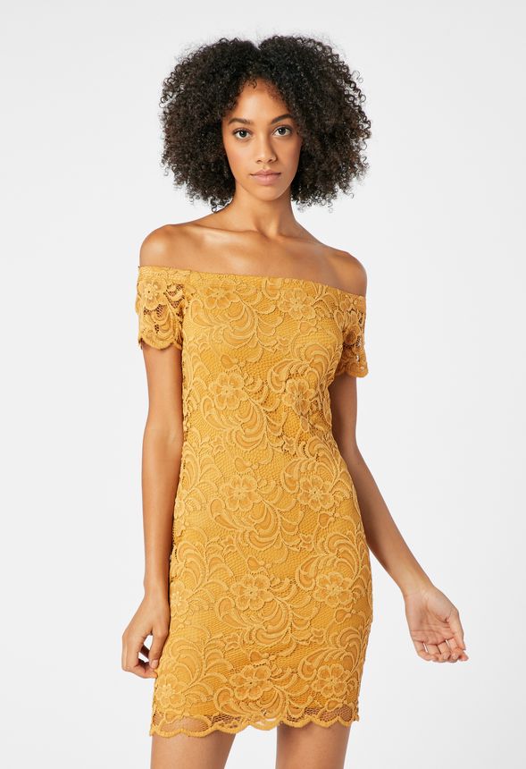 yellow lace off the shoulder dress