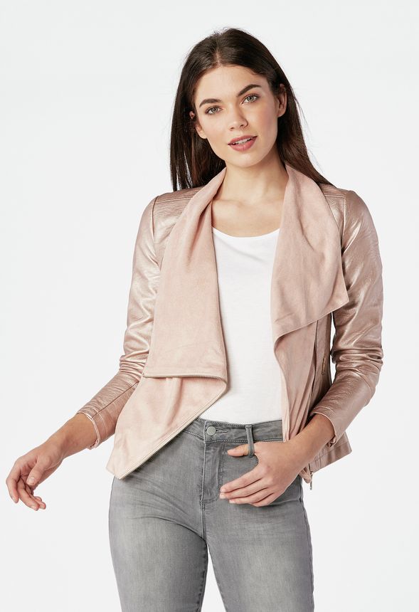 Leather Waterfall Jacket in Gold Get great deals JustFab