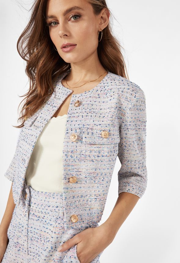 Tweed Crop Jacket in Light Blue Multi - Get great deals at JustFab