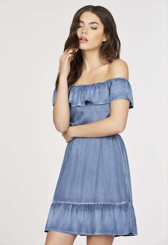 chambray off the shoulder dress