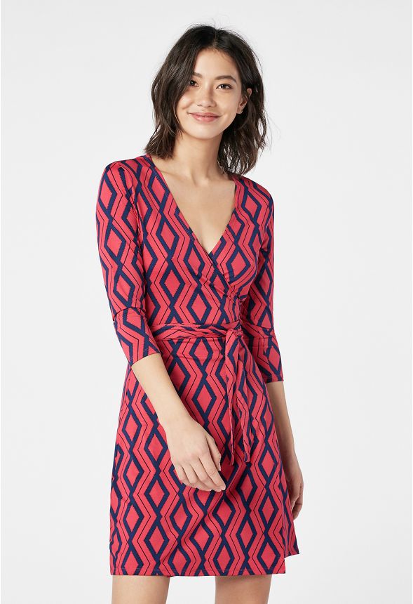3/4 Sleeve Wrap Dress in Bright Rose Multi - Get great deals at JustFab