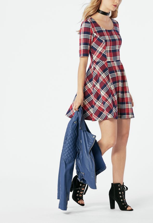 Plaid Fit Flare Dress Red Multi - Get great at JustFab