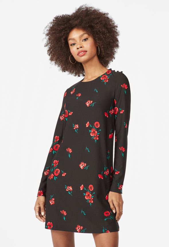 Button Shoulder Mini Shift Dress in Red Multi - Get great deals at JustFab