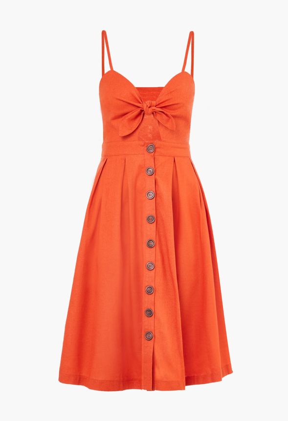 Linen Button Front Midi Dress in Orange 