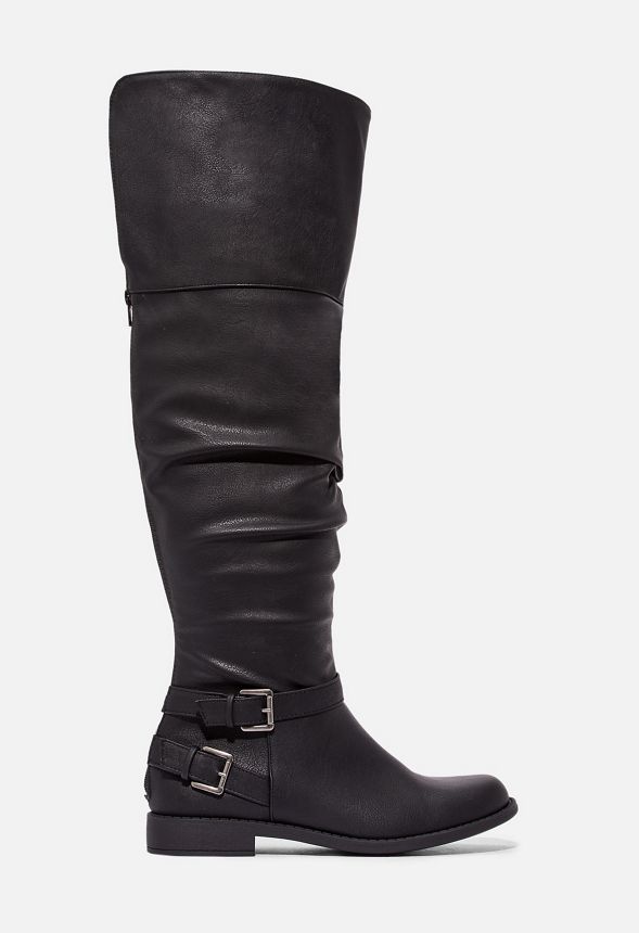 black faux leather flat over the knee boots