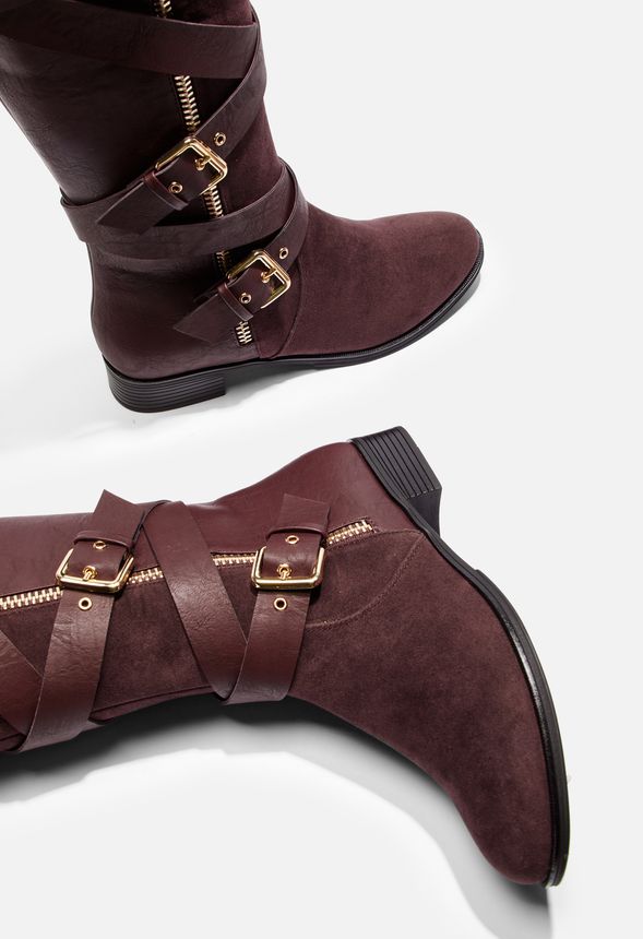 Cecily Buckled Flat Boot in Bordeaux - Get great deals at JustFab