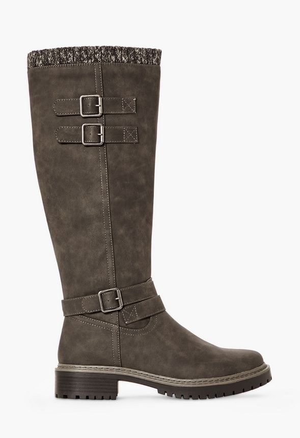 Noel Buckle Detailed Tall Boot in Gray 