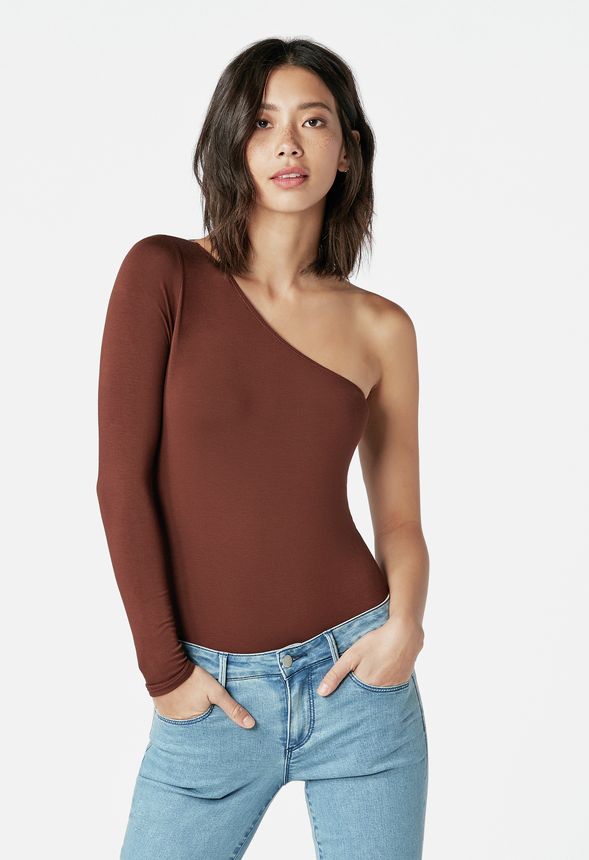 brown one shoulder bodysuit