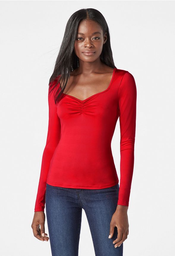 Long Sleeve Ruched Detail Knit Top in Goji Berry Get great deals at