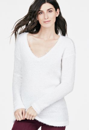 white fuzzy v neck sweater