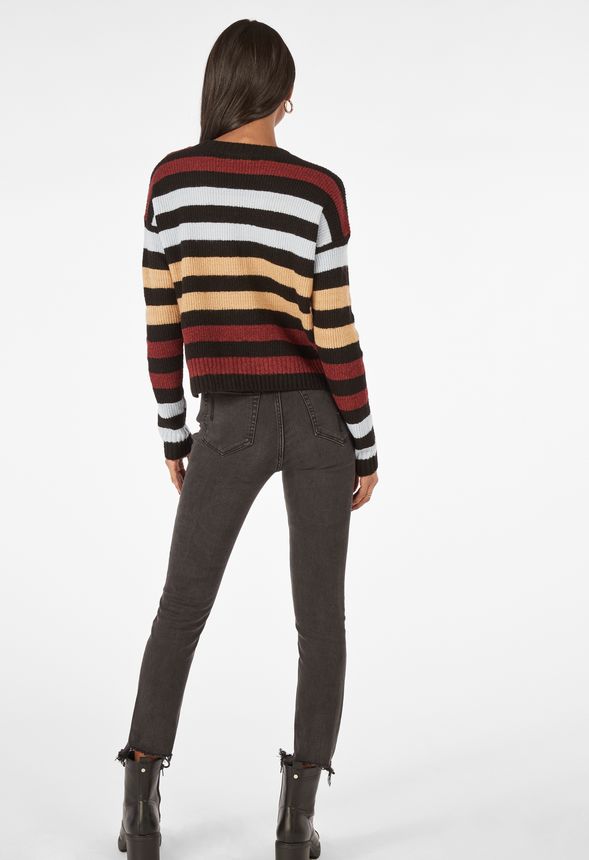 Striped Crew Neck Sweater In Black Multi Stripe Get Great Deals At