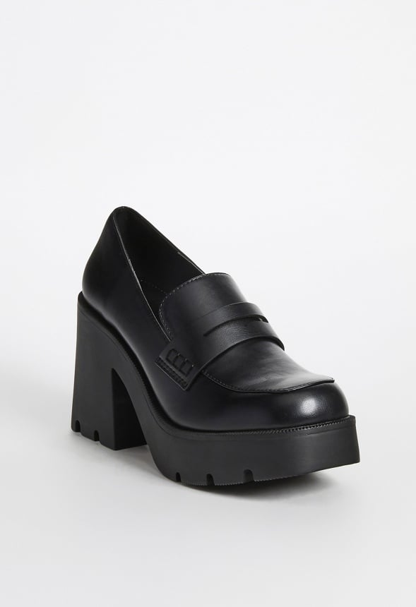 klart give Store Cher Heeled Lug Sole Loafer in BLACK CAVIAR - Get great deals at JustFab