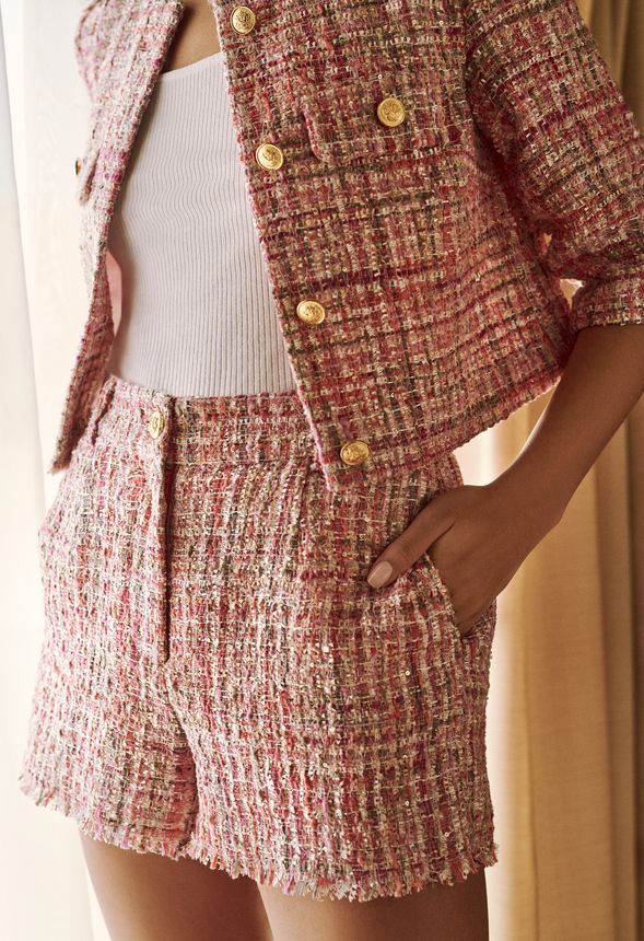 librarian break down satire Tweed High-Waisted Shorts in Pink Multi - Get great deals at JustFab