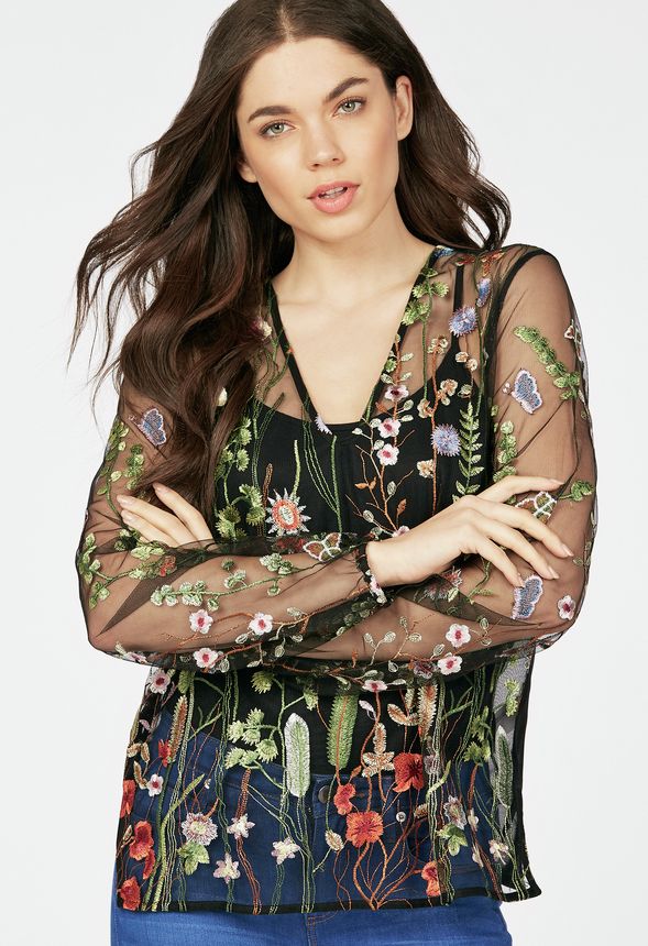 Sheer Floral Embroidered Top in Black Multi - Get great deals at 