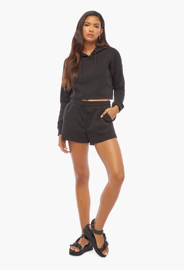 Cropped Hoodie Shorts Set Clothing in Black Get great deals at JustFab