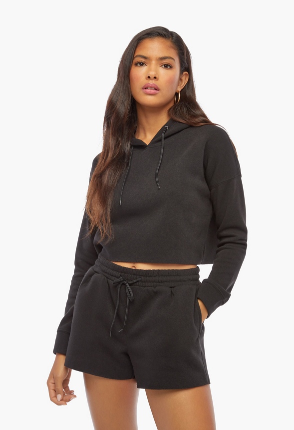Cropped Hoodie Shorts Set Clothing in Black - Get great deals at JustFab