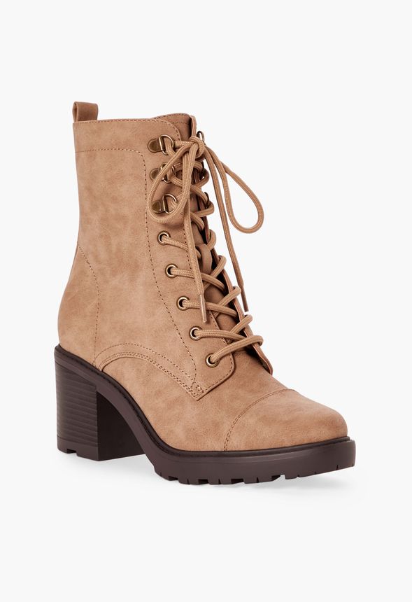 Syd Lace-Up Heeled Boot in Taupe - Get great deals at JustFab