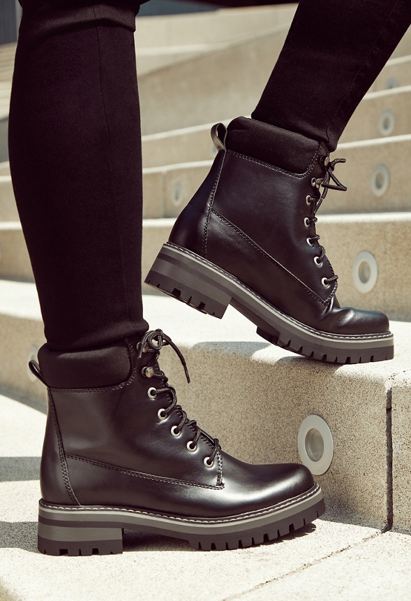 Cristen Combat Boot in BLACK CAVIAR - Get great deals at JustFab