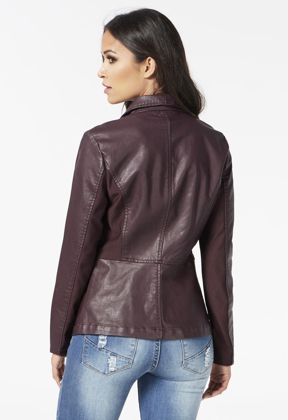 Faux Leather Ponte Jacket in Wine - Get great deals at JustFab