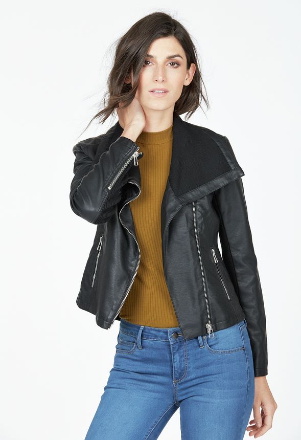 Knit Detail Moto Jacket in Black - Get great deals at JustFab