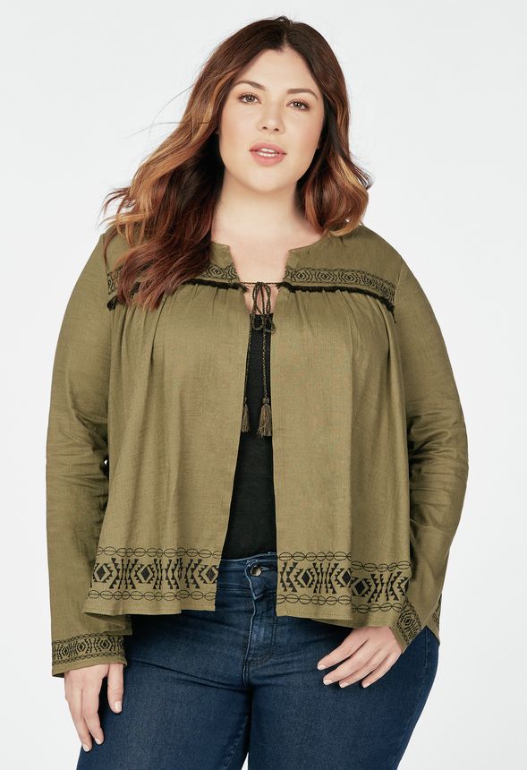 Embroidered Tassel Jacket in Olive Get great deals at JustFab