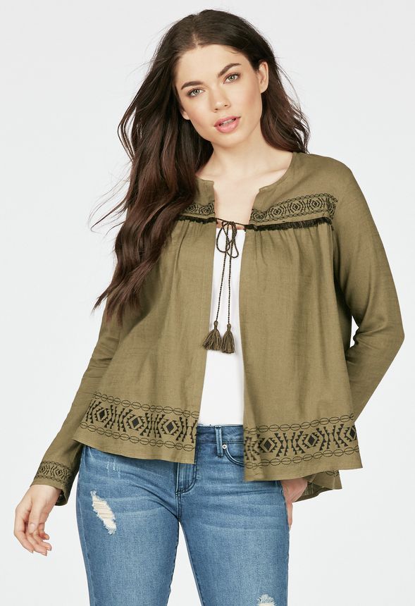 Embroidered Tassel Jacket in Olive Get great deals at JustFab