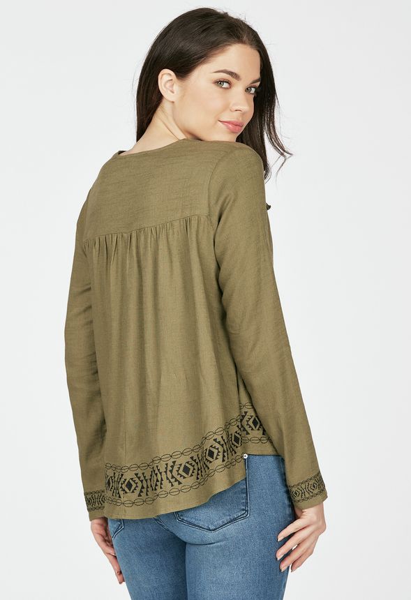 Embroidered Tassel Jacket in Olive Get great deals at JustFab