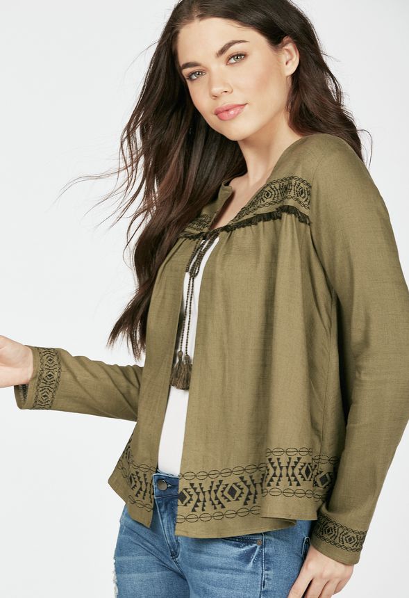 Embroidered Tassel Jacket in Olive Get great deals at JustFab