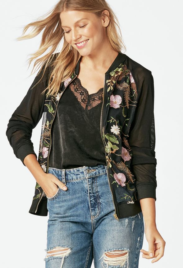Embroidered Bomber Jacket in Black Multi - Get great deals at JustFab