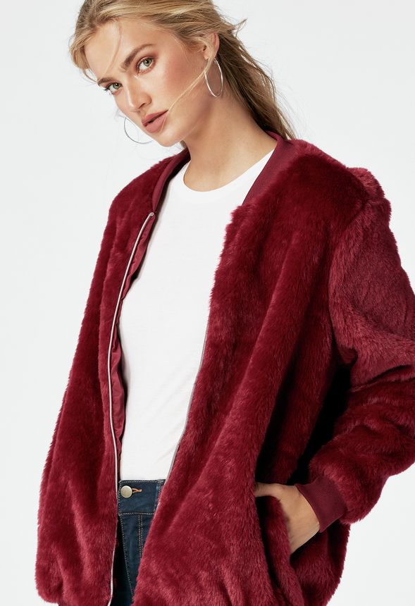 Faux Fur Bomber Jacket in Red Velvet - Get great deals at JustFab