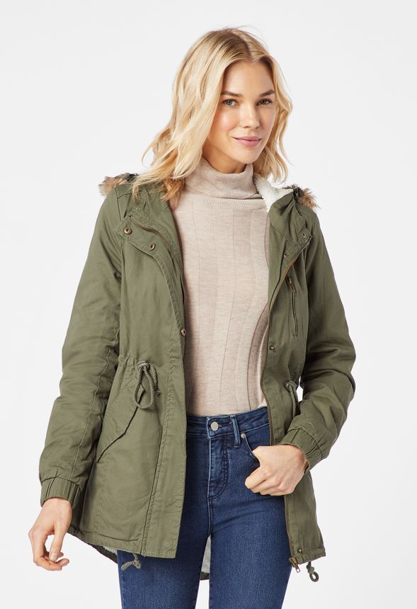 Fur Hood Utility Jacket in Olive - Get great deals at JustFab