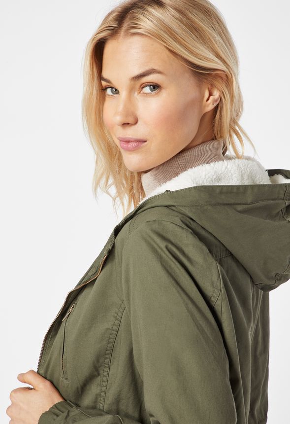 Fur Hood Utility Jacket in Olive Get great deals at JustFab