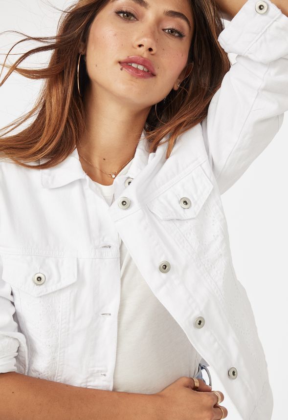 Eyelet Denim Jacket in White - Get great deals at JustFab