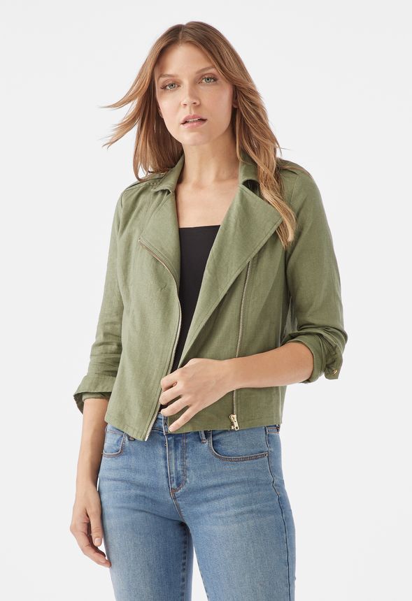 Linen Moto Jacket in OLIVE - Get great deals at JustFab