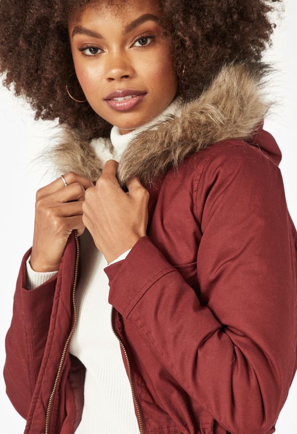 Fur Hoodie Parka Jacket in CABERNET - Get great deals at JustFab