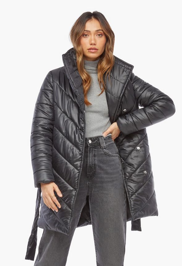 Shiny Puffer Jacket Plus Size in Black - Get great deals at JustFab
