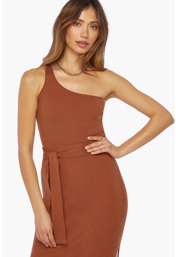 One Shoulder Rib Knit Dress Plus Size in Mocha - Get great deals at JustFab