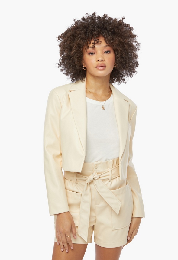 Faux Leather Cropped Blazer Clothing in Cream - Get great deals at JustFab