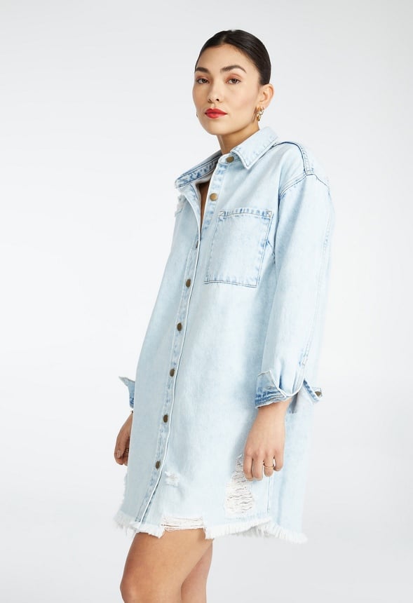 Denim Boyfriend Shirt Dress in Dynamic - Get great deals at JustFab