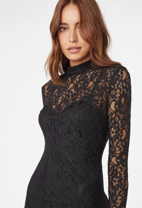 Mock Neck Lace Bodycon in Black - Get great deals at JustFab