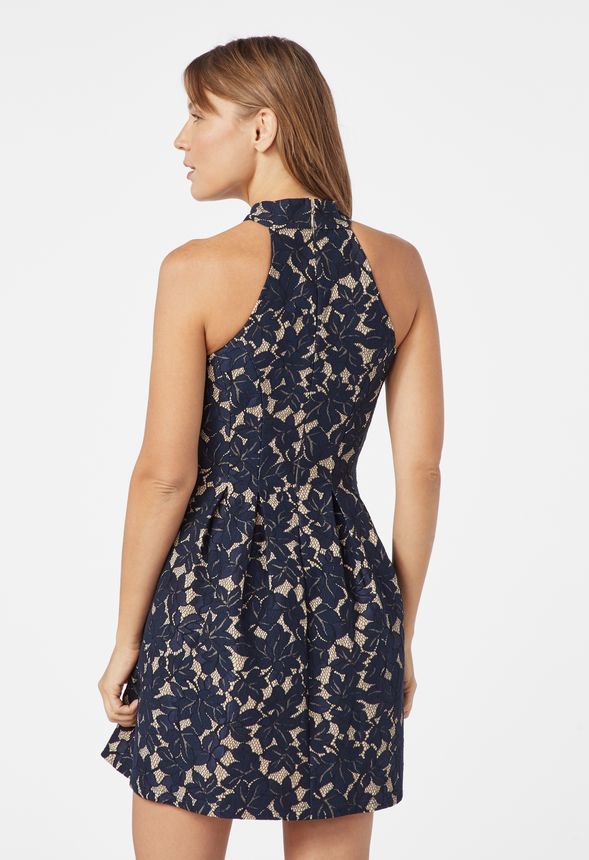 Crochet Halter Fit & Flare Dress in Navy/ Beige - Get great deals at ...