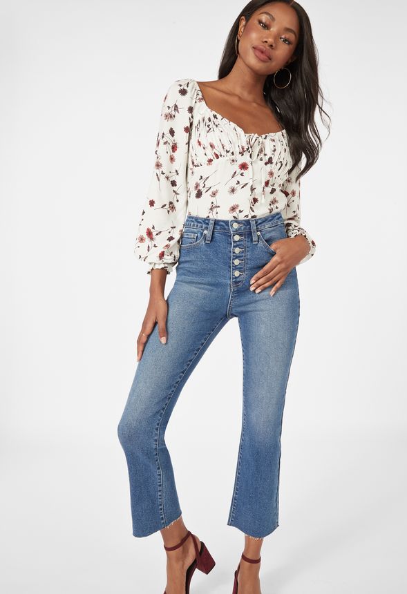 High Rise Button Front Crop Jeans in MEDIUM WASH - Get great deals at ...