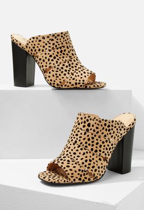 cheetah heeled mules