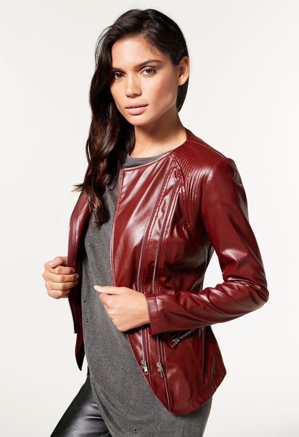 Faux Leather Zipper Jacket in Burgundy - Get great deals at JustFab