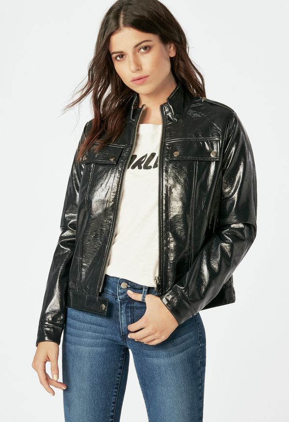 Patent Leather Moto Jacket in Black - Get great deals at JustFab